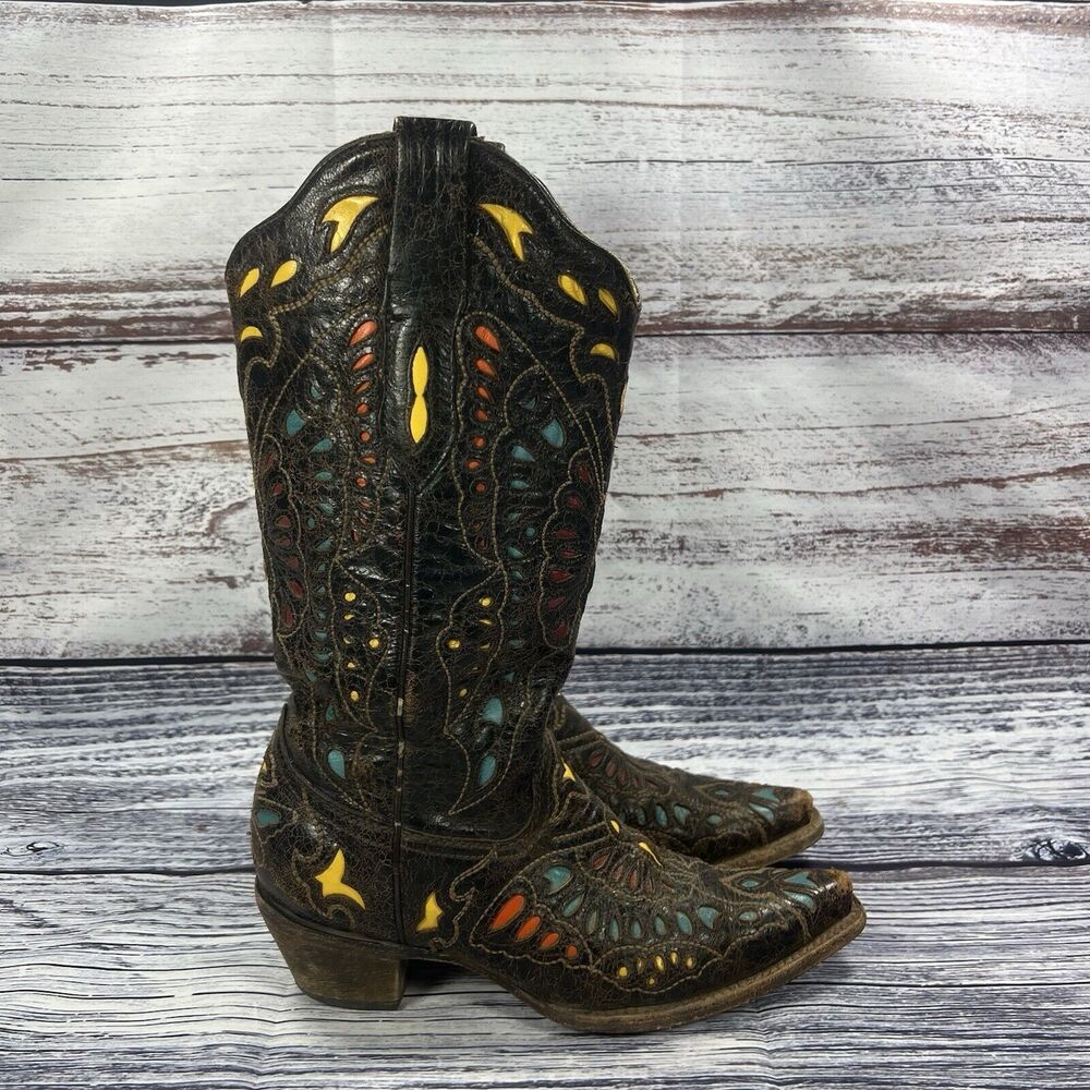 Women’s Dark Brown Embroidered Heeled Cowboy Boots with Colorful Inlays